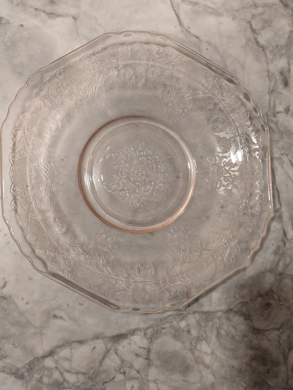 Clear Embossed Depression Glass Glass Saucer - Pink Tint